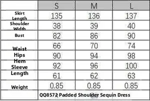Detailed size guide table for the deep V sequin dress showing S to L measurements