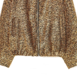 Women's metallic gold zip-up bomber jacket in textured eyelash yarn fabric
