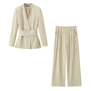 Damen Elegant Hellbeige Blazer Und Weites Bein Hose Oberteil Und Unterteil Outfit Einfarbig Taillengürtel V-Ausschnitt Büro Mode