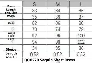 Detailed size chart for the sequin mini dress in caramel brown including S, M, L dimensions