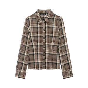 Women Elegant Plaid Long Sleeve Shirt Casual Lapel Single Breasted Button Up Blouse Autumn Commuter Office Tops Brown