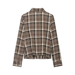 Back view of a slim fit long-sleeve plaid shirt in classic brown and beige tones