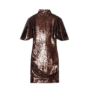 Chic bronze sequin mini dress featuring a high neck and elegant short sleeves from back view