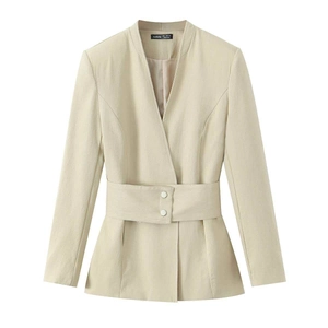 Beiges Damen-Blazer-Set mit tailliertem Design, Langarm-Sakko und weiter Hose
