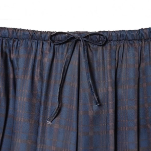 Retro loose dark blue jacquard trousers with elastic waistband and drawstring detail