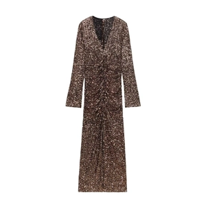 Women Elegant Deep V Neck Sequin Maxi Dress Long Sleeve Ruched Slim Fit Gold Bronze Evening Party Banquet Bodycon Dress