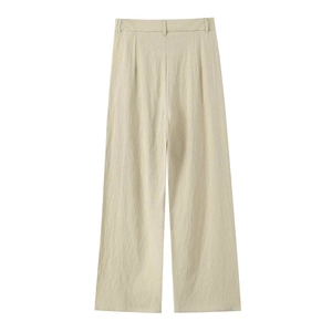 Minimalistische beige High-Waist-Hose mit weitem Bein aus atmungsaktivem Leinenstoff