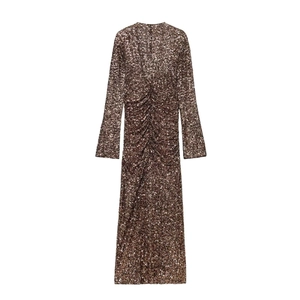 Elegant deep bronze V-neck sequined maxi dress with long sleeves and ruched front detail