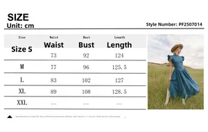 Size chart for the blue denim ruffle dress showing measurements for S to XXL sizes