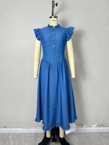 Blue stand collar denim-style dress with ruffle sleeves and button front design