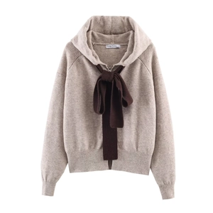 Cardigan Casual in Maglia da Donna Con Cappuccio Fiocco a Contrasto Cerniera Frontale Manica Lunga Tinta Unita Top in Maglia