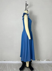 Blue denim style dress with ruffle sleeveless design and single-breasted detail