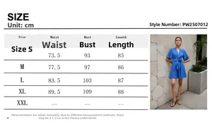 Detailed size chart with measurements for the blue V-neck A-line waist-tie mini dress