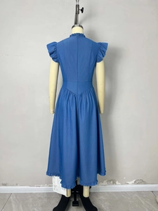 Royal blue pastoral midi dress with ruffle cap sleeves and stand-up collar design