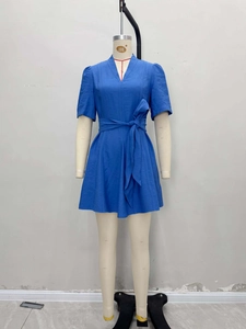 Blue V-neck short sleeve A-line dress with waist tie and pockets in a simple style