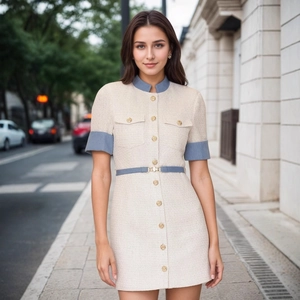 Détail de la robe en tweed avec boutons dorés et ceinture bleue contrastante élégante