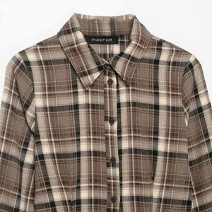 Classic brown plaid long sleeve shirt with pointed collar and black buttons