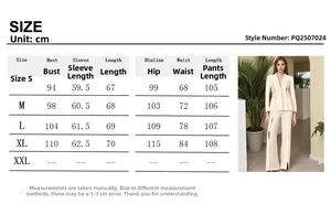 Detailed size guide table for women's slim fit blazer and trousers two-piece suit set