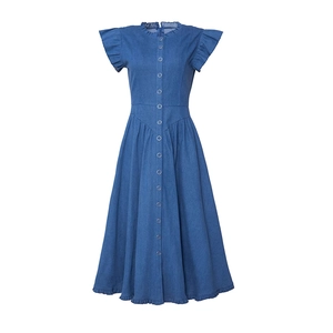 Detailed view of dark blue faux denim dress with ruffle collar and single-breasted design