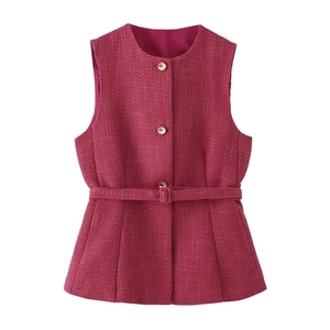 Gilet Elegante in Tweed Senza Maniche da Donna Rosso Rosa Girocollo Monopetto con Cintura per Pendolari Festa Moda