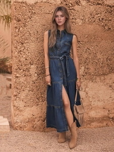 Abito Lungo Senza Maniche Look Denim Donna Gonna a Balze Con Cintura Elegante Casual Colletto a Camicia Bottoni