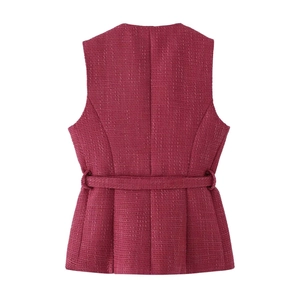 Gilet in tweed bordeaux da donna con cintura e orlo a pieghe stile vintage