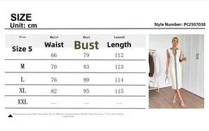 Detailed size chart for the slim knit V-neck dress including waist and bust measurements