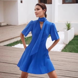 Detailed view of elegant blue A-line dress with V-neckline and matching neck scarf tie