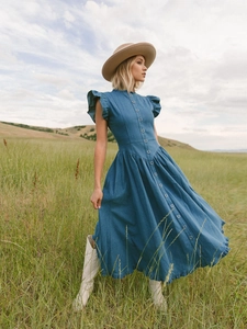 Women Elegant Denim Style Ruffle Flying Sleeve Midi Dress Stand Collar Single Breasted Navy Blue Vacation A-Line Dress
