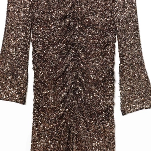 Fashionable bronze sequined deep V-neck dress with ruched details for a slim fit look