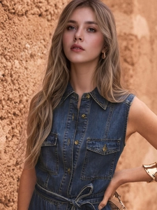 Dettaglio di un abito lungo in denim senza maniche con bottoni in metallo e cintura in vita