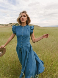 Blue denim-style dress with ruffle butterfly sleeves and single-breasted buttons