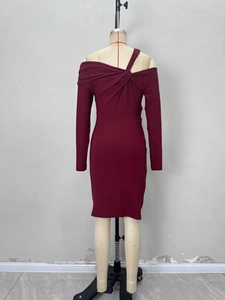 Back view of wine red knit bodycon dress with off-shoulder twisted neck detail