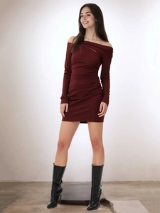 Elegant burgundy off-shoulder knit dress with long sleeves and ruched waist detail
