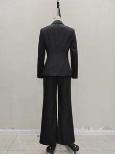 Rear view of sleek black business suit set with slim-fit blazer and wide-leg trousers