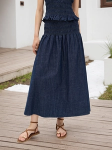 Damen Hohe Taille Falten Maxirock Dunkelblau Denim Stil Gesmokter Langer Rock Eleganter Patchwork Rock Für Täglich Urlaub