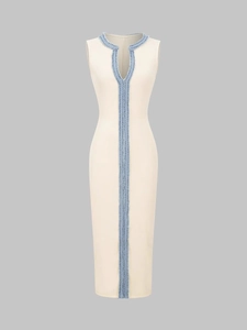 Slim fit sleeveless V-neck knit midi dress with blue braided trim in off-white