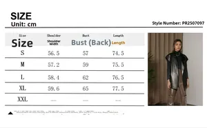 Size chart table with measurements for women's sleeveless faux leather vest jacket