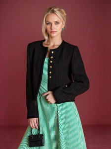 Elegante Schwarze Tweed Jacke Für Damen Rundhals Langarm Metallknopf Kurzjacke Vintage Französischer Stil Mantel