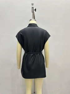 Faux leather sleeveless vest jacket with lapel collar and waist tie belt back view