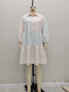 Pink and blue striped patchwork shirt dress with tiered skirt and lantern sleeves