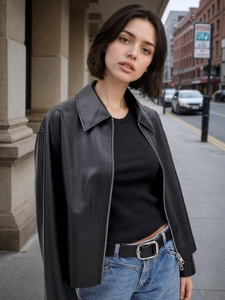 Giacca in Pelle PU da Donna Moda Colletto a Rever Cerniera Corto Cappotto Biker Con Tasche Streetwear Cool per Autunno Inverno