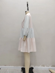 Pink and blue striped patchwork tiered shirt dress with puff sleeves and button collar