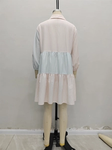Pink and blue striped tiered shirt dress with puff sleeves and collar back view