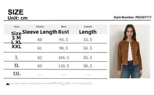 Detailed size chart for the women brown suede short jacket with dimensions in centimeters