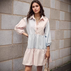 Detail view of the pink and blue striped tiered skirt with elegant ruffle layers