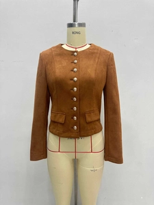 Classic dark brown suede cropped jacket for women with decorative gold metal buttons