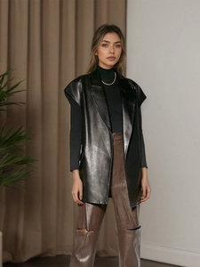 Women Fashion Faux Leather Sleeveless Vest Jacket Suit Collar Lace Up Waist Inner Fleece Lined Waistcoat With Pockets