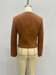 Classic dark brown suede cropped jacket for women featuring decorative gold cuff buttons