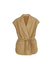 Women's sleeveless khaki faux leather waistcoat vest with lapel collar and waist belt tie